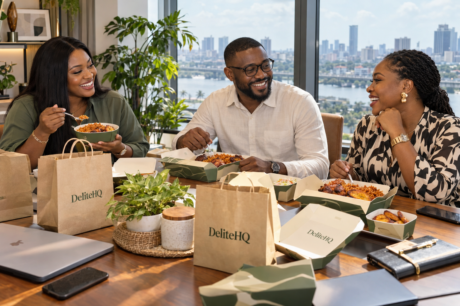 Colleagues sharing a relaxed DeliteHQ lunch break in a bright Lagos office
